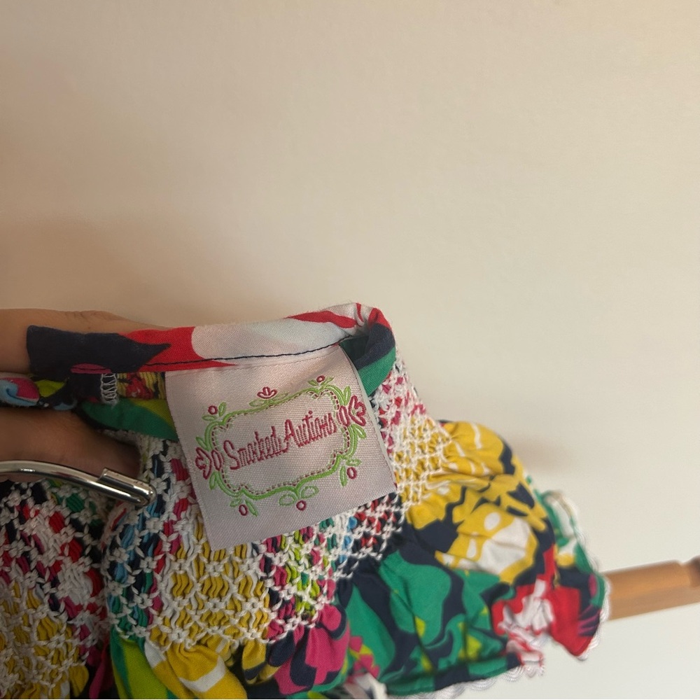 Smocked Auctions Vibrant Colorful Floral Smocked Dress Size 12 Months Lace Trims - Picture 7 of 8